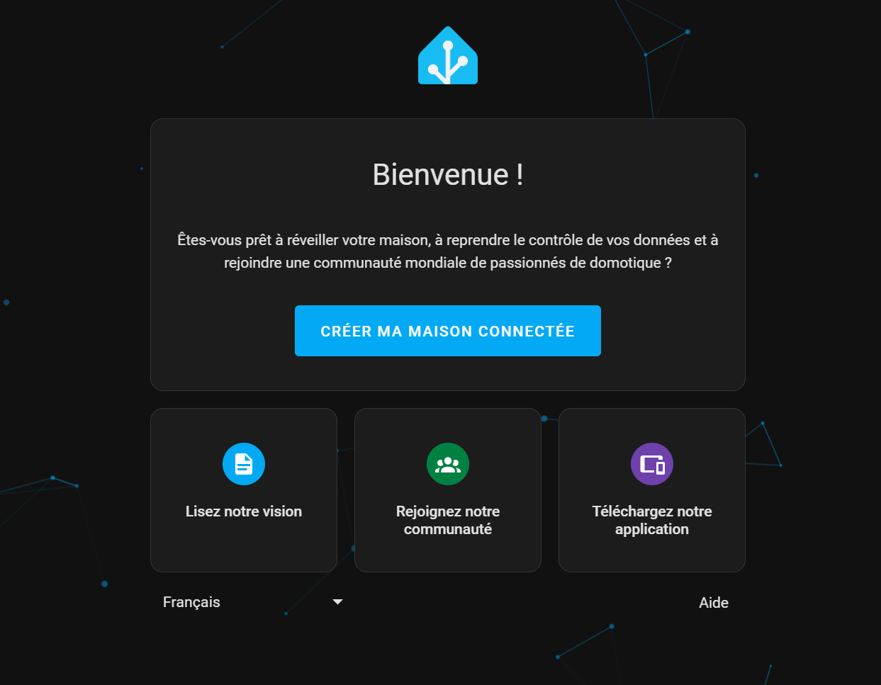 Home Assistant welcome screen on first connection