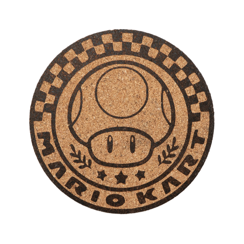 Cork coaster engraved with a Mario Kart mushroom design