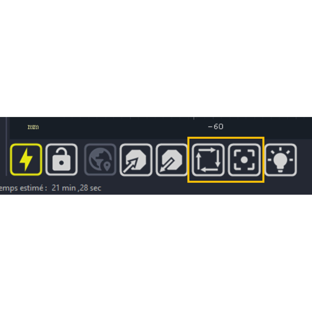 LaserGRBL toolbar with the frame boundary and positioning buttons highlighted