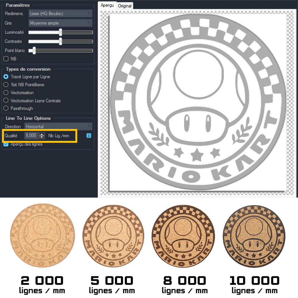 LaserGRBL line-by-line quality setting and cork engraving results from 2000 to 10000 lines per mm