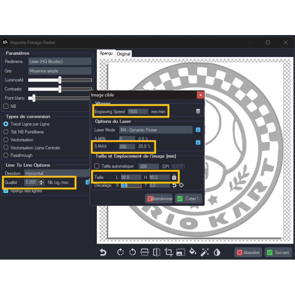 LaserGRBL target image dialog with engraving speed, laser power and size settings
