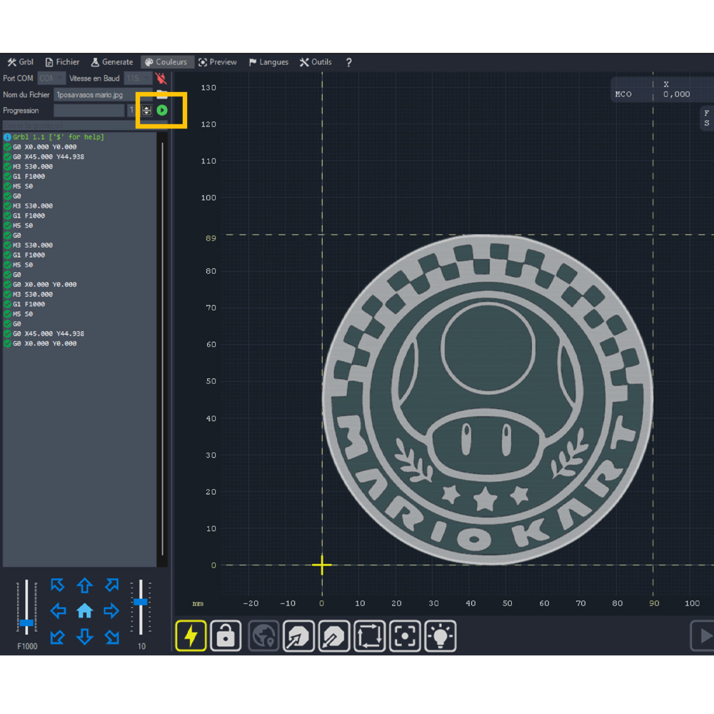 LaserGRBL with the coaster file loaded and the start button highlighted