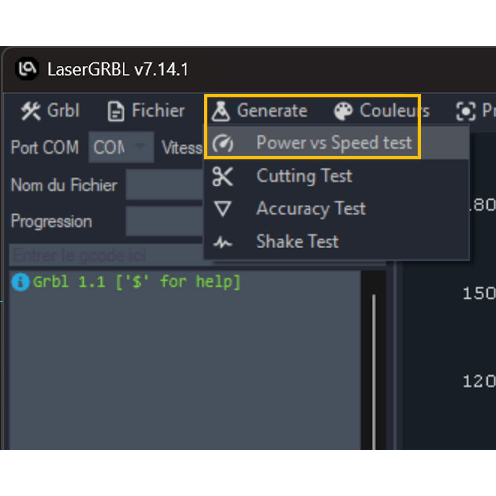 LaserGRBL Generate menu with the Power vs Speed test entry highlighted
