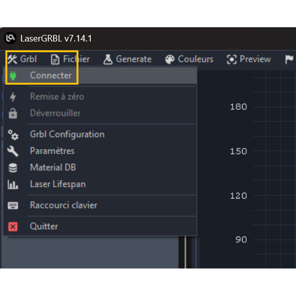 LaserGRBL Grbl menu with the Connect entry highlighted