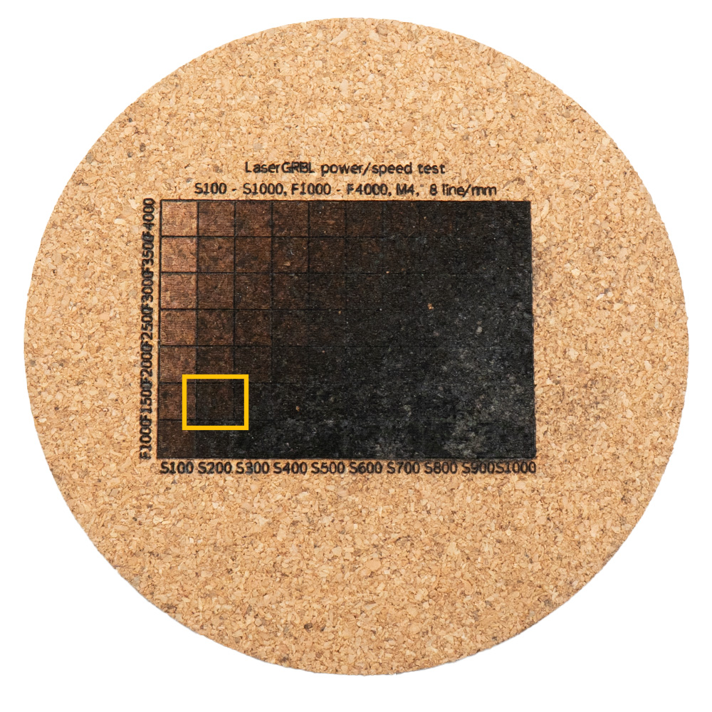 Cork disc engraved with the power/speed test grid, best result highlighted