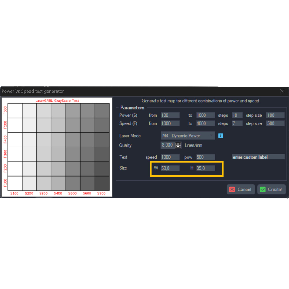 Power vs Speed test generator dialog with the size fields highlighted