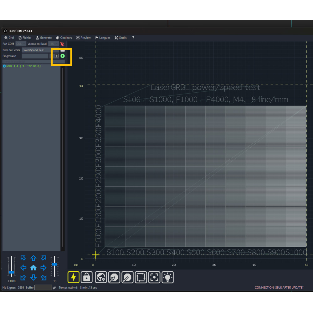 LaserGRBL preview of the power/speed test grid with the run button highlighted