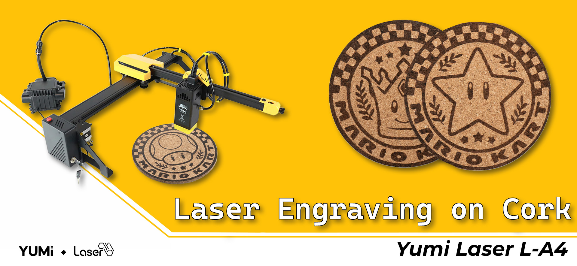 Yumi L-A4 laser engraver with Mario Kart cork coasters — Laser Engraving on Cork
