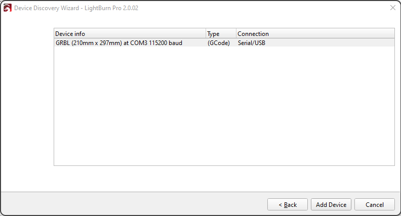LightBurn Device Discovery Wizard